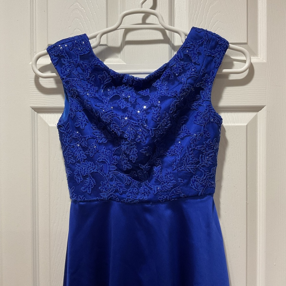 Beautiful Dressy Royal Blue Sequined Floral Lace Satin Midi Dress